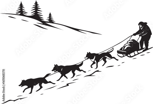 Silhouette illustration of a dog sled team pulling a sled in a snowy mountain landscape.
