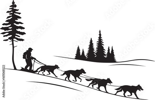Silhouette of a man with a sled team of dogs in a snowy winter landscape