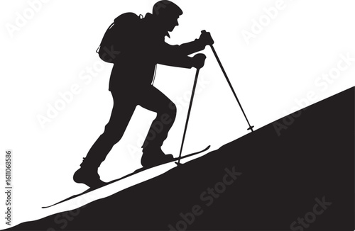 Silhouette of a skier ascending a slope with ski poles and backpack in winter