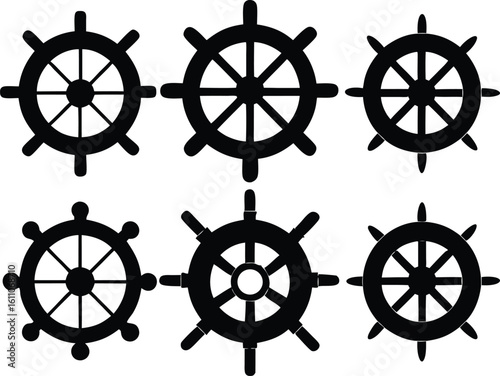 Set of Nautical Steering Wheel Silhouettes – Vintage & Modern Ship Wheel Vector Collection