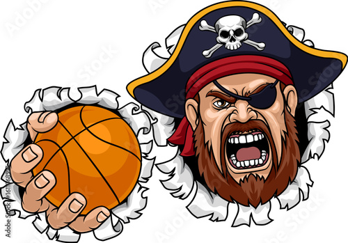 A Pirate man holding Basketball ball sports team cartoon charcater mascot illustration.