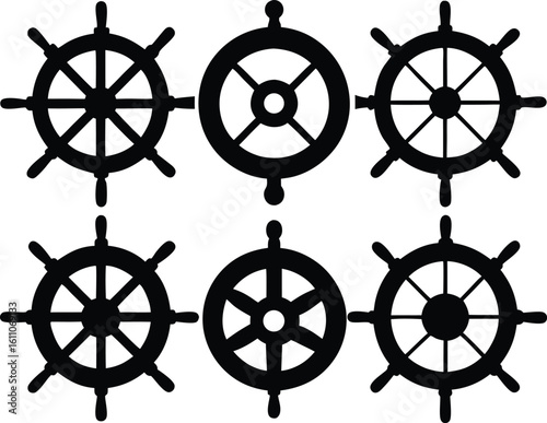 Set of Nautical Steering Wheel Silhouettes – Vintage & Modern Ship Wheel Vector Collection