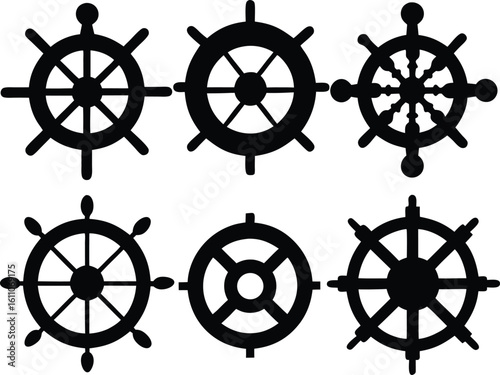 Set of Nautical Steering Wheel Silhouettes – Vintage & Modern Ship Wheel Vector Collection
