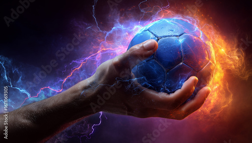 Hand holding fiery, electric handball