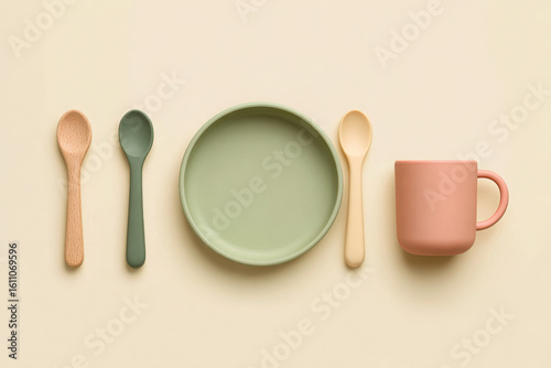 Minimalist flat lay feeding set displays calm and gentle colors