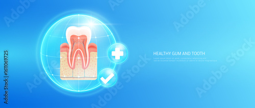 Healthy gum and teeth bubble dome transparent with check mark and plus sign on blue background. Strong and healthy tooth. Medical health care dentist or dentistry. 3D Vector EPS10.