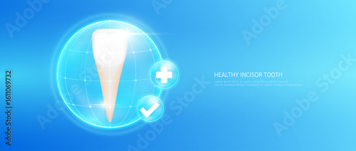 Healthy incisor teeth in bubble dome transparent with check mark and plus sign on blue background. Strong and healthy tooth. Medical health care dentist or dentistry. 3D Vector EPS10.