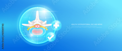 Healthy intervertebral disc and nerve within bubble dome transparent with check mark and plus sign on blue background. Strong backbone cartilage joint anatomy. Medical health care concept. 3D Vector.