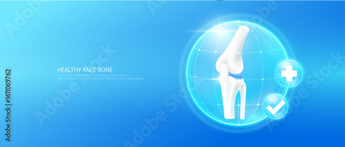 Healthy knee bone within bubble dome transparent with check mark and plus sign on blue background. Strong leg cartilage joint anatomy. Medical health care concept. 3D Vector EPS10.