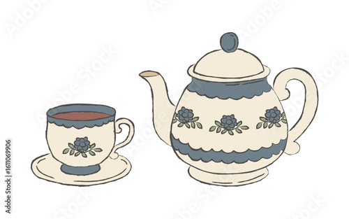 Vintage hand drawn tea set with floral teapot and cup. Cozy cottagecore sketch style vector illustration for kitchen prints, cafe menu, packaging, stickers, tea party decor.