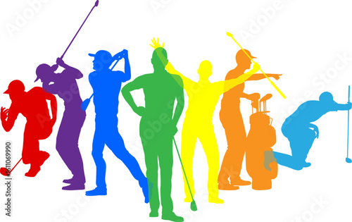 Silhouette golf player set. Active golfers golfing sports people healthy players fitness silhouettes concept.