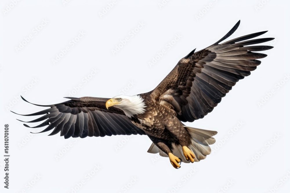 Obraz premium Majestic bald eagle soaring with outstretched wings in bright sky