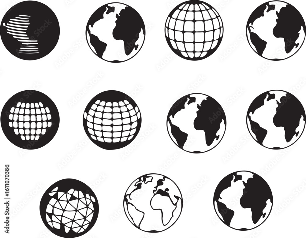 Obraz premium Black and White Globe Icon Set Featuring Twelve Variations with Continental Outlines, Grid Lines, Abstract Patterns, and Solid Silhouettes