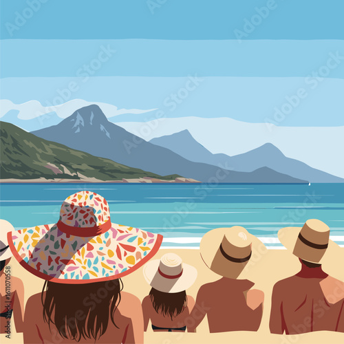 Family Beach Vacation: Serene Coastal View with Sun Hats