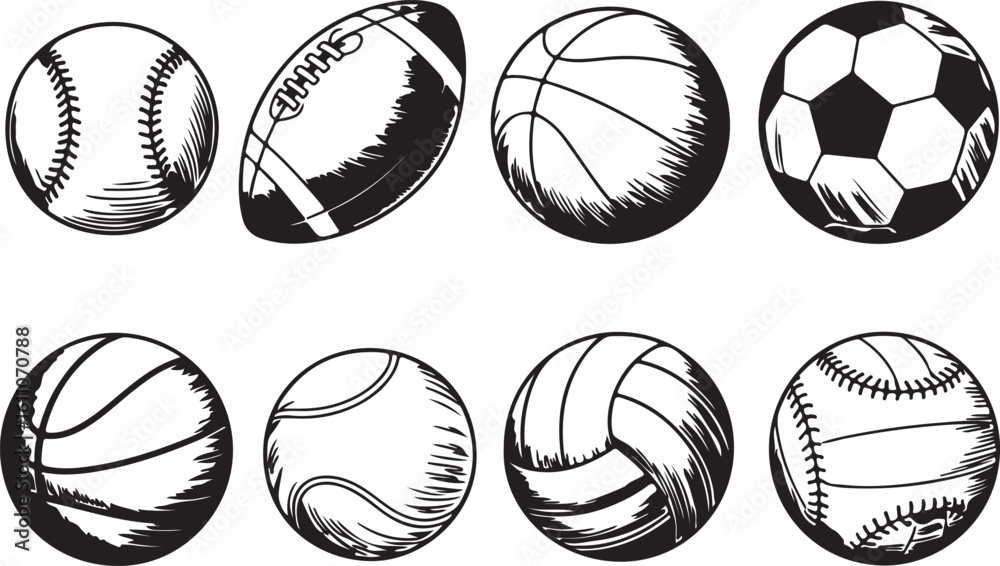 Obraz premium Black and White Sports Balls Icon Set Featuring Eight Detailed Illustrations of Baseball, Football, Basketball, Soccer, Tennis, Volleyball, and Softball