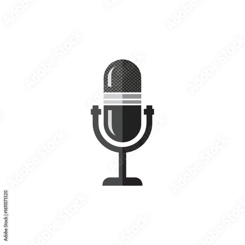 A simple black and white graphic icon of a vintage-style studio microphone on a stand.