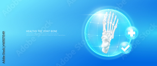 Healthy toe bone within bubble dome transparent with check mark and plus sign on blue background. Strong foot cartilage joint anatomy. Medical health care concept. 3D Vector EPS10.
