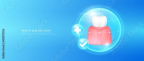Healthy teeth and gum in bubble dome transparent with check mark and plus sign on blue background. Strong and healthy tooth. Medical health care dentist or dentistry. 3D Vector EPS10.