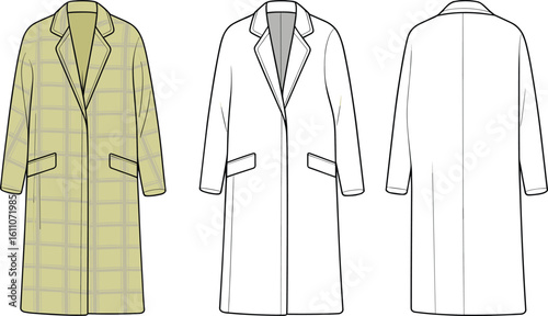 Cad drawing flat vector illustration, plaid long coat fashion sketch, technical outerwear design, front and back view, overcoat template design
