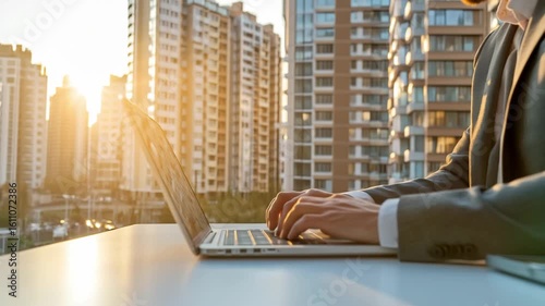 Businessman builder, investor or realtor working on laptop on background of city with multi-storey buildings. Real estate business, housing development, property management concept