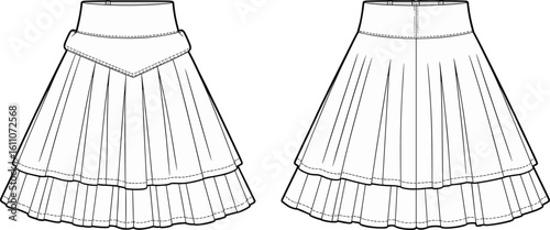CAD Drawing Flat Vector Illustration, Pleated Layered Skirt Design, Front and Back Technical Fashion Sketch, Flared High Waist Skirt Template
CAD Drawing Flat Vector Illustration, Pleated Layered 