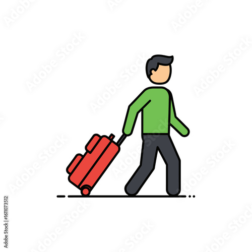 An illustration of a man in a green shirt walking while pulling a red rolling suitcase.