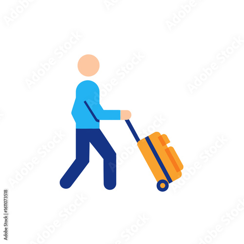 A person in blue clothing pulling an orange wheeled suitcase, representing travel and movement.