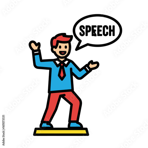A vibrant cartoon illustration of a smiling male speaker actively presenting with a 'SPEECH' bubble above his head.