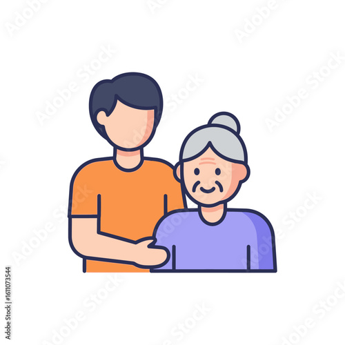 A young man with his arm around an elderly woman, depicting care, support, and intergenerational connection.