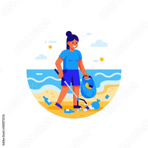 A woman cleans up trash on a beach, using a grabber tool and holding a blue bag, with ocean waves in the background.