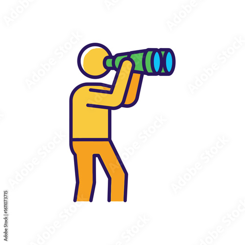Stylized illustration of a person looking through green binoculars, wearing yellow shirt and orange pants.