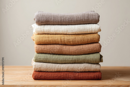Neutral tone blankets, carefully folded and stacked, evokes sense of comfort