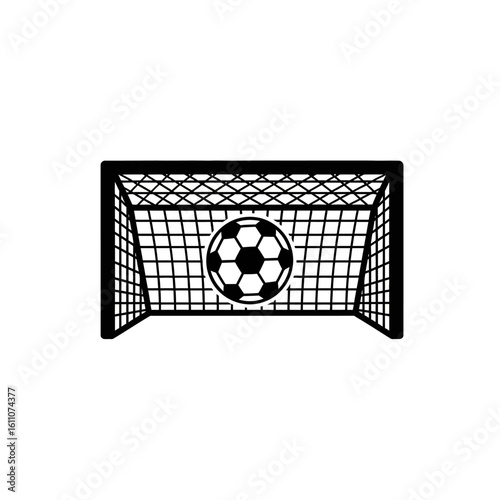 Black and white soccer goal with ball, simple graphic design.