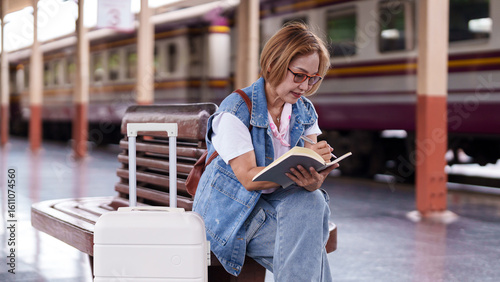 Asian senior female traveler writes journal notebook train station platform documenting journey planning trip waiting for adventure vacation concept