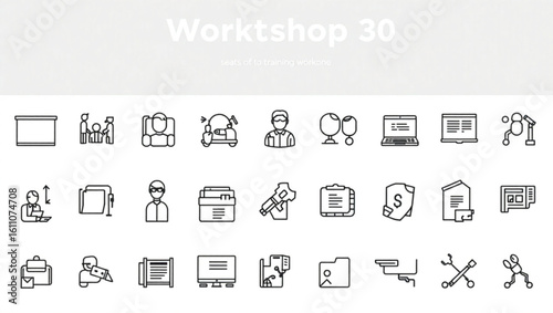 Illustration showing multiple business and office related icons arranged in a grid pattern on white background created with generated ai