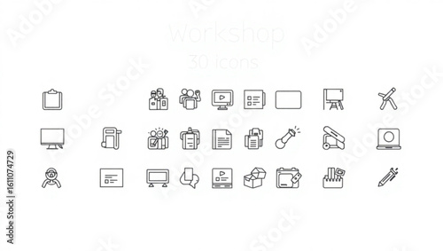 A collection of business and office related icons including computers and office supplies displayed neatly created with generated ai