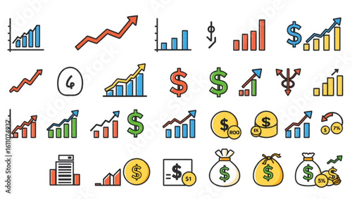 Illustration of various financial growth charts dollar signs and money bags depicting economic development created with generated ai
