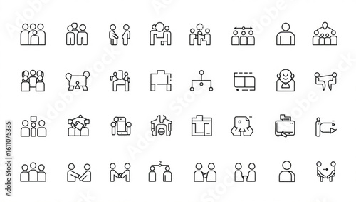 Outline icons depicting various business and social interactions and organizational structures in a grid format created with generated ai
