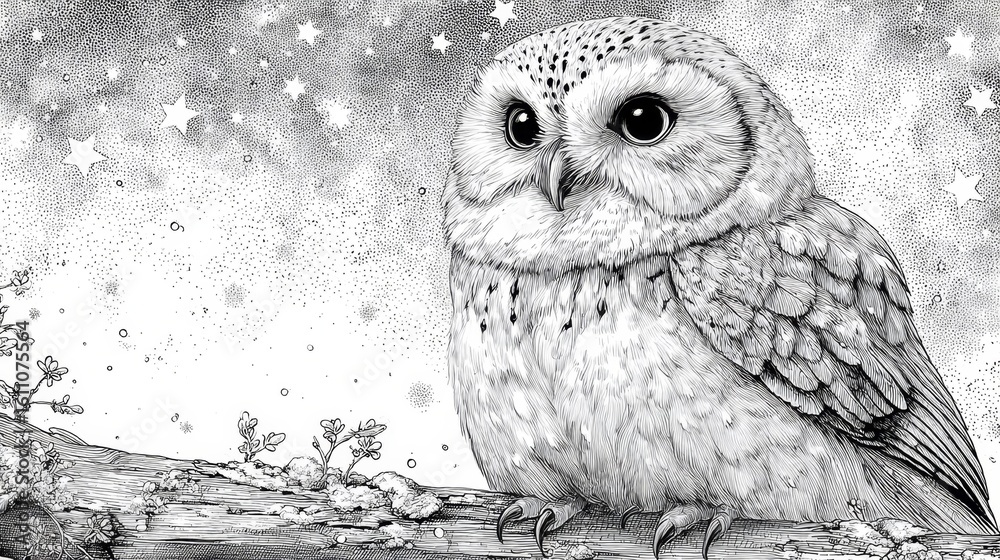 Fototapeta premium Stylized owl line art with Halloween stars