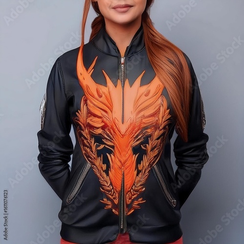 Fashion bomber jacket with fiery dragon artwork and glowing flame details on sleeves, featuring fantasy-style embroidery and epic creature design – perfect for cosplay and streetwear.