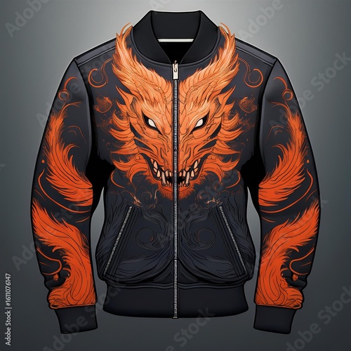 Fashion bomber jacket with fiery dragon artwork and glowing flame details on sleeves, featuring fantasy-style embroidery and epic creature design – perfect for cosplay and streetwear.