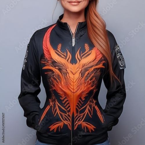 Fashion bomber jacket with fiery dragon artwork and glowing flame details on sleeves, featuring fantasy-style embroidery and epic creature design – perfect for cosplay and streetwear.