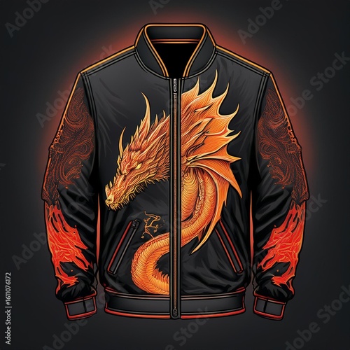 Fashion bomber jacket with fiery dragon artwork and glowing flame details on sleeves, featuring fantasy-style embroidery and epic creature design – perfect for cosplay and streetwear.