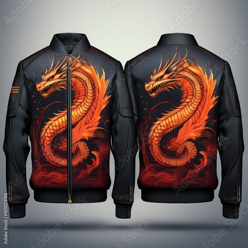 Fashion bomber jacket with fiery dragon artwork and glowing flame details on sleeves, featuring fantasy-style embroidery and epic creature design – perfect for cosplay and streetwear.