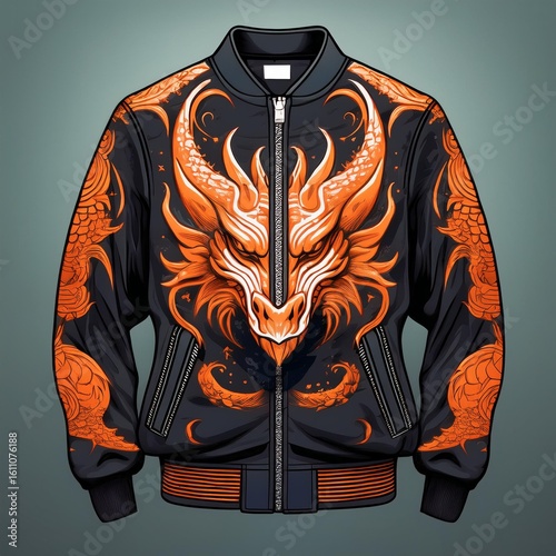 Fashion bomber jacket with fiery dragon artwork and glowing flame details on sleeves, featuring fantasy-style embroidery and epic creature design – perfect for cosplay and streetwear.