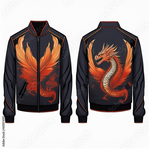 Fashion bomber jacket with fiery dragon artwork and glowing flame details on sleeves, featuring fantasy-style embroidery and epic creature design – perfect for cosplay and streetwear.
