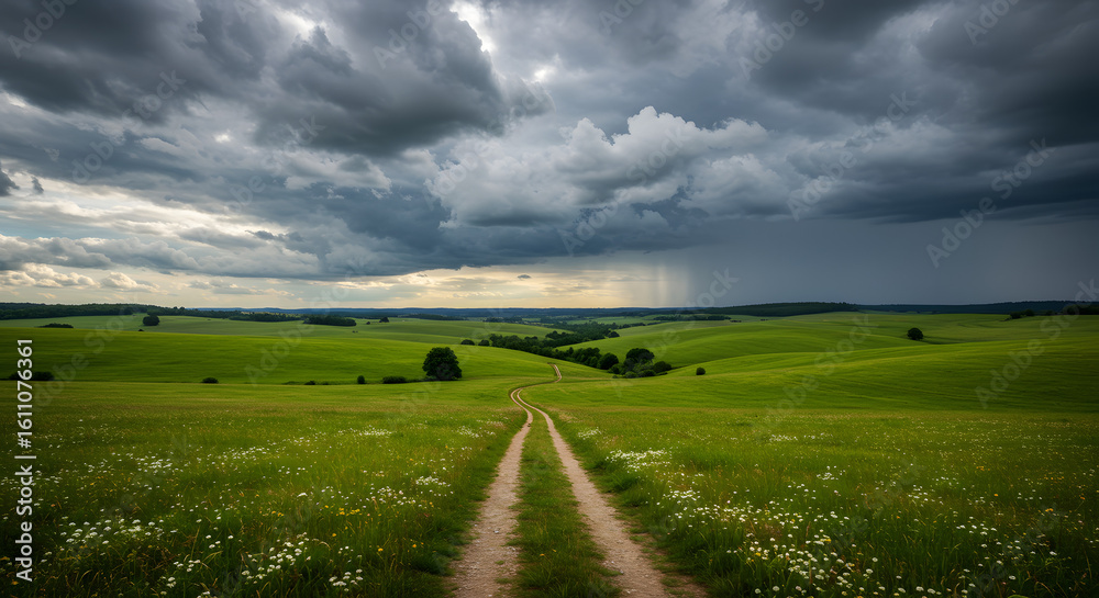 Fototapeta premium Peaceful Rural Hills Under Clouds PNG