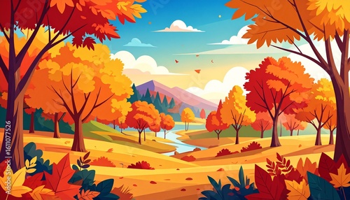 A vibrant autumn landscape illustration featuring colorful trees, a winding river, distant mountains, and a bright blue sky with fluffy clouds.