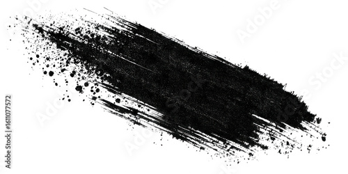 A black brush stroke with ink splatter isolated on transparent background