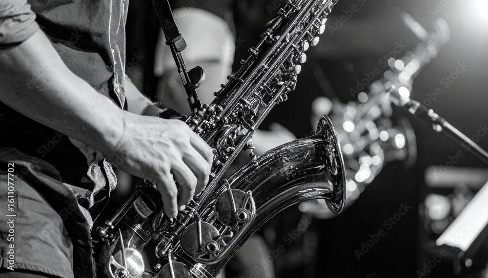 Obraz premium Close-up of a musician playing a saxophone during a performance, with another saxophone visible in the background.